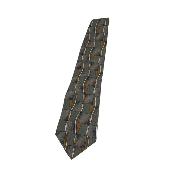 Gianno 100% Silk Mens Tie With Geometric Green & Gold Pattern Made In USA Busine - Picture 2 of 8